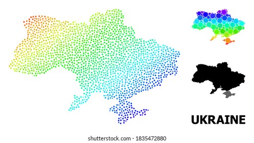 Pixel hellen Spektralbereich und monochrome Karte der Ukraine, und schwarzer Name. Vektormodell wird aus Karte der Ukraine mit Kreisen erstellt. Collage ist nützlich für politische Plakate.