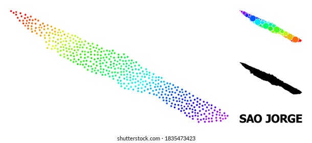Pixelado espectral brillante, y mapa monocromo de la isla de San Jorge, y nombre negro. La estructura vectorial se crea a partir del mapa de la isla de San Jorge con puntos redondos. La plantilla es útil para los anuncios políticos.
