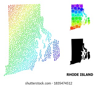 Pixelated bright spectral, and monochrome map of Rhode Island State, and black tag. Vector model is created from map of Rhode Island State with round dots.