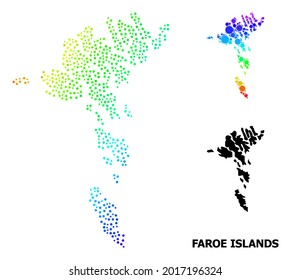 Pixelado espectral brillante, y mapa monocromo de las Islas Feroe, y leyenda negra. El modelo vectorial se crea a partir del mapa de las Islas Feroe con círculos. La plantilla es útil para las plantillas geográficas.