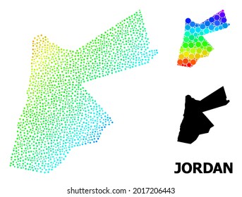 Pixelated Bright Spectral, And Monochrome Map Of Jordan, And Black Text. Vector Model Is Created From Map Of Jordan With Spheres. Template Is Useful For Political Ads.