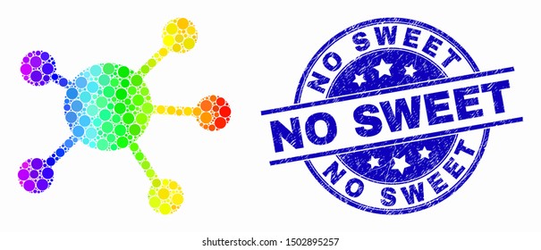 Pixelated bright spectral node links mosaic icon and No Sweet stamp. Blue vector round textured seal with No Sweet caption. Vector composition in flat style.