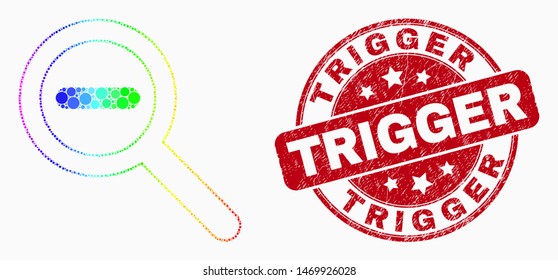 Pixelated bright spectral reduce scale mosaic pictogram and "Trigger" stamp. Red vector rounded grunge stamp with "Trigger" phrase. Vector combination in flat style.