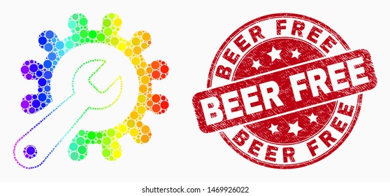 Pixelated bright spectral repair tools mosaic icon and Beer Free watermark. Red vector round grunge watermark with Beer Free phrase. Vector combination in flat style.