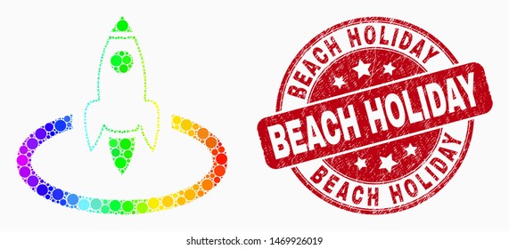 Pixelated bright spectral rocket start mosaic icon and "Beach Holiday" watermark. Red vector round scratched seal with "Beach Holiday" title. Vector combination in flat style.