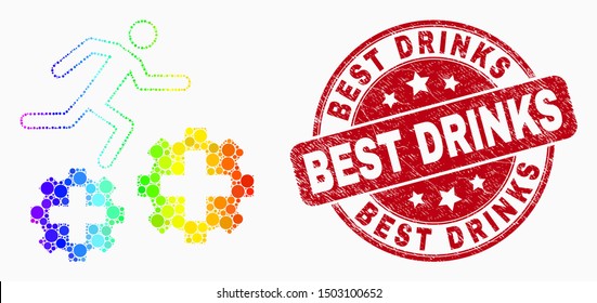 Pixelated bright spectral running patient on gears mosaic pictogram and Best Drinks stamp. Red vector rounded scratched seal stamp with Best Drinks phrase. Vector combination in flat style.