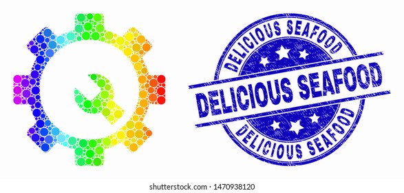 Pixelated bright spectral setup tools mosaic icon and Delicious Seafood seal. Blue vector rounded grunge seal stamp with Delicious Seafood caption. Vector collage in flat style.