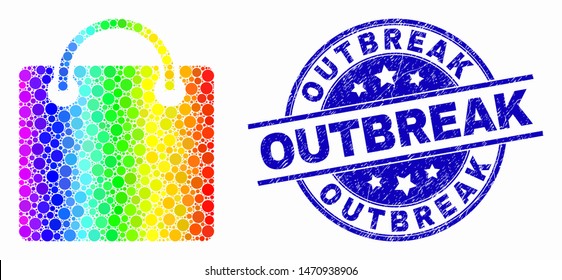 Pixelated bright spectral shopping bag mosaic icon and Outbreak seal stamp. Blue vector round distress seal with Outbreak caption. Vector combination in flat style.