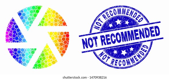 Pixelated bright spectral shutter mosaic icon and Not Recommended seal stamp. Blue vector round grunge seal stamp with Not Recommended phrase. Vector combination in flat style.