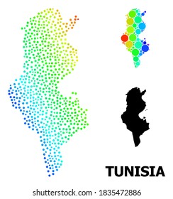 Pixelated bright spectral, and solid map of Tunisia, and black text. Vector model is created from map of Tunisia with round dots. Illustration is useful for geographic ads.