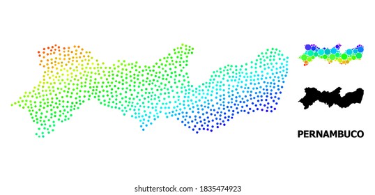 Pixelated bright spectral, and solid map of Pernambuco State, and black title. Vector structure is created from map of Pernambuco State with circles. Abstraction designed for political ads.