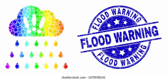 Pixelated bright spectral strong rain clouds mosaic icon and Flood Warning seal stamp. Blue vector round grunge stamp with Flood Warning phrase. Vector combination in flat style.