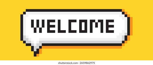 Pixelated bubble text saying Welcome in 8-bit format. Isolated vector illustration