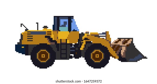 Pixelated Bulldozer. Pixel art vector illustration. Isolated on white background.