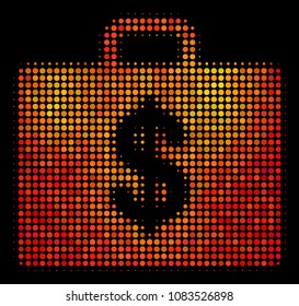 Pixelated business case icon. Bright pictogram in orange color variations on a black background. Vector halftone composition of business case symbol designed with spheric items.