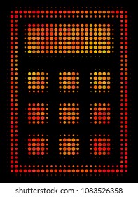 Pixelated calculator icon. Bright pictogram in fire orange color tones on a black background. Vector halftone composition of calculator symbol organized of round items.