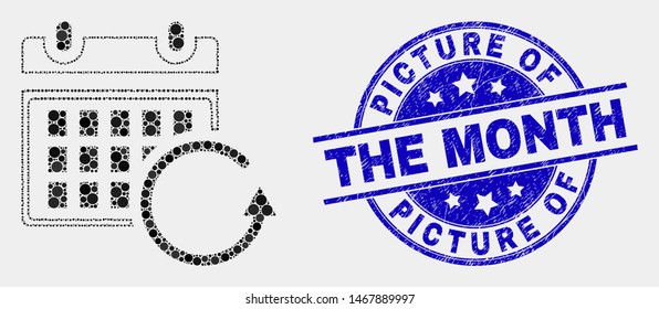Pixelated calendar rollback mosaic icon and Picture of the Month stamp. Blue vector rounded distress seal stamp with Picture of the Month caption. Vector combination in flat style.