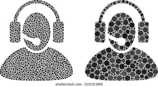 Pixelated call center operator icon. Collage call center operator icon constructed from circle parts in variable sizes and color tones.