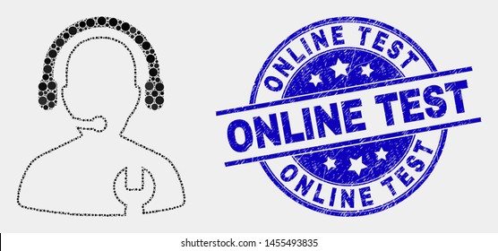 Pixelated call center serviceman mosaic icon and Online Test seal stamp. Blue vector rounded grunge stamp with Online Test text. Vector collage in flat style.