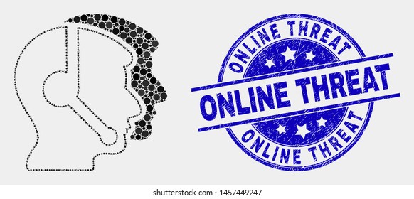 Pixelated call service operators mosaic icon and Online Threat seal stamp. Blue vector round distress stamp with Online Threat caption. Vector collage in flat style.