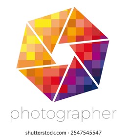 Pixelated camera shutter aperture forming photography logo, symbolizing creativity, innovation, and modern digital imaging