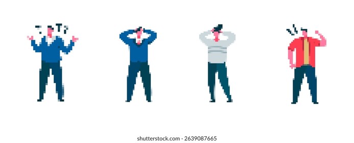 Pixelated cartoon figures with bold, expressive poses and comic-style gestures add humor to scenes.