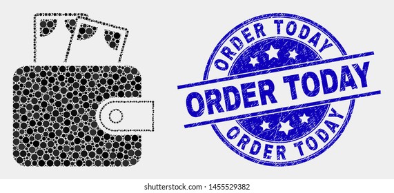 Pixelated Cash Purse Mosaic Pictogram And Order Today Watermark. Blue Vector Rounded Textured Watermark With Order Today Title. Vector Combination In Flat Style.