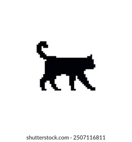 Pixelated cat silhouette. Black pixel walking cat icon.