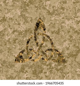 Pixelated celtic shamrock bringing happiness. On a background of seamless pixel camouflage. Editable.