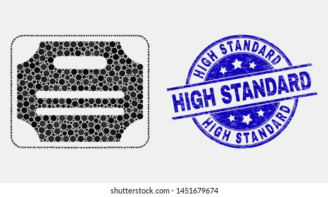 Pixelated certificate diploma mosaic pictogram and High Standard seal stamp. Blue vector round scratched seal stamp with High Standard phrase. Vector collage in flat style.