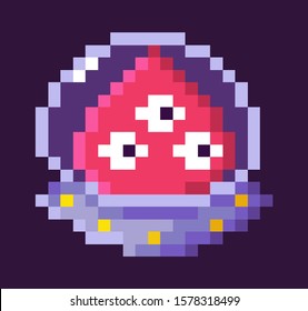 Pixelated character of 8 bit retro game vector, isolated alien sitting in spaceship, creature with three eyes, scary mutant floating in space flat style, pixel cosmic monster for mobile app games