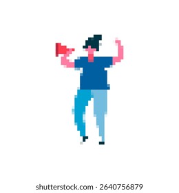 A pixelated character with raised arms and a small red object, showcasing mosaic-style art.