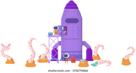 Pixelated character repairs rocket to fly away. Alien with blaster shoots dangerous pixel animal