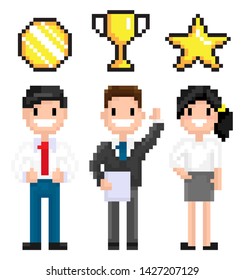 Pixelated characters vector, pixel art game man and woman working in business field, holding award for achievement star and medal certificate 8 bit