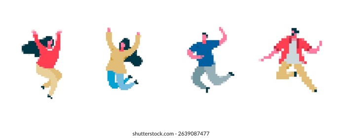 Pixelated characters in vibrant colors show playful energy. each figure depicts cheerful emotions.