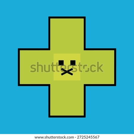 A pixelated chartreuse plus sign with a black outline and a face in the center, set against a bright blue background.

