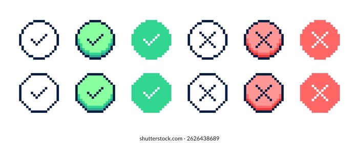 Pixelated checkmarks and crosses in round and octagon shapes. Pixel art icons in different style. Vector illustration