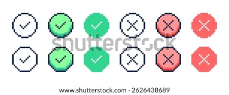 Pixelated checkmarks and crosses in round and octagon shapes. Pixel art icons in different style. Vector illustration