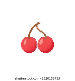 Pixelated cherries with simple design. Two red cherries connected by stems in pixel art style