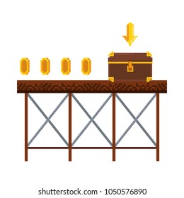 Pixelated chest on structure with coins