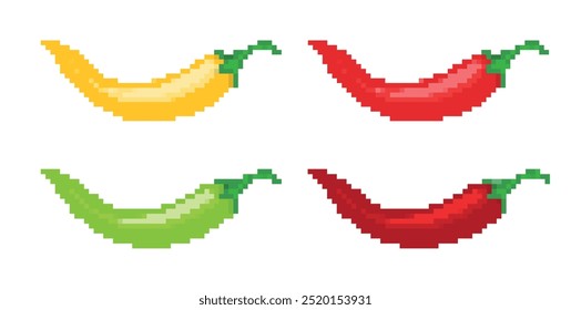 Pixelated chili peppers illustration. Simple pixel art yellow, red, green, and dark red chili peppers.