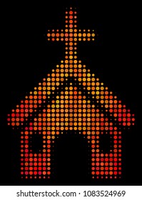 Pixelated christian church icon. Bright pictogram in fire color tones on a black background. Vector halftone composition of christian church symbol done with circle items.