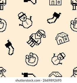 Elementos de Navidades pixeladas dispuestos en un patrón sin fisuras, ofreciendo una estética retro, con figuras de Santa y muñeco de nieve