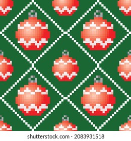 pixelated christmass ball background, seamless pattern, decoration, red and black color, vector illustration 