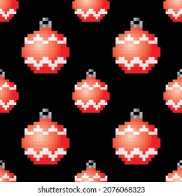 pixelated christmass ball, seamless pattern, decoration, red and black color, vector illustration 