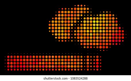 Pixelated cigarette smoke icon. Bright pictogram in orange color tones on a black background. Vector halftone pattern of cigarette smoke pictogram done with spheric pixels.