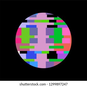 Pixelated circle on dark background. Vaporwave/ cyberpunk futuristic style design template for logotype.