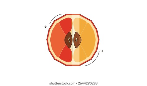 Uma ilustração de citrinos pixelados apresentando o contraste visual de duas metades fatiadas