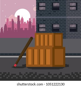 Pixelated city videogame scenery