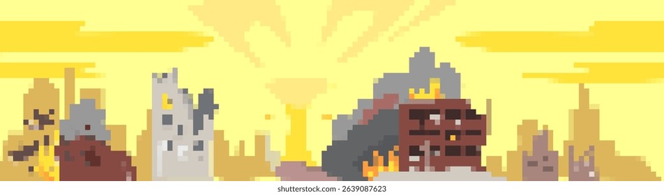 Pixelated cityscape featuring burning buildings with smoke. retro mosaic style creates a dramatic scene.